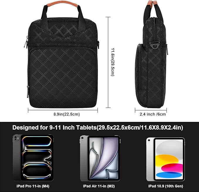 9-11 Inch Tablet Sleeve Bag Padded Carrying Travel Case for iPad Pro 11-in (M4) iPad 10.9 (10th Gen) iPad Air 11-in (M2) Galaxy Tab S9/S8 with Shoulder Strap (Classic Black)