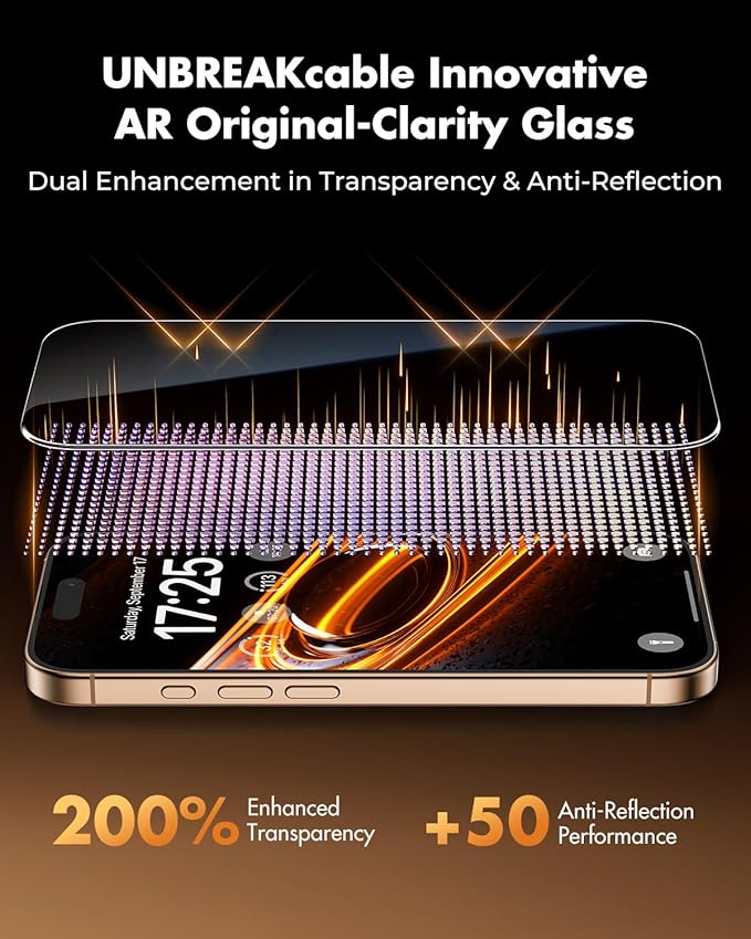 UNBREAKcable 2 Pack for iPhone 16 Pro Screen Protector AR Anti Reflection 9H+ Tempered Glass Anti-Glare Enhanced Clarity Anti-Blue Light Polishing Cloth Included