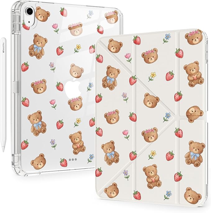 Cute Kawaii Bear Strawberry for iPad (A16) 11th/10th Generation Case 11 Inch/10.9 Inch 2025/2022 with Pencil Holder Auto Sleep/Wake White Leather Acrylic Back Detachable Cover