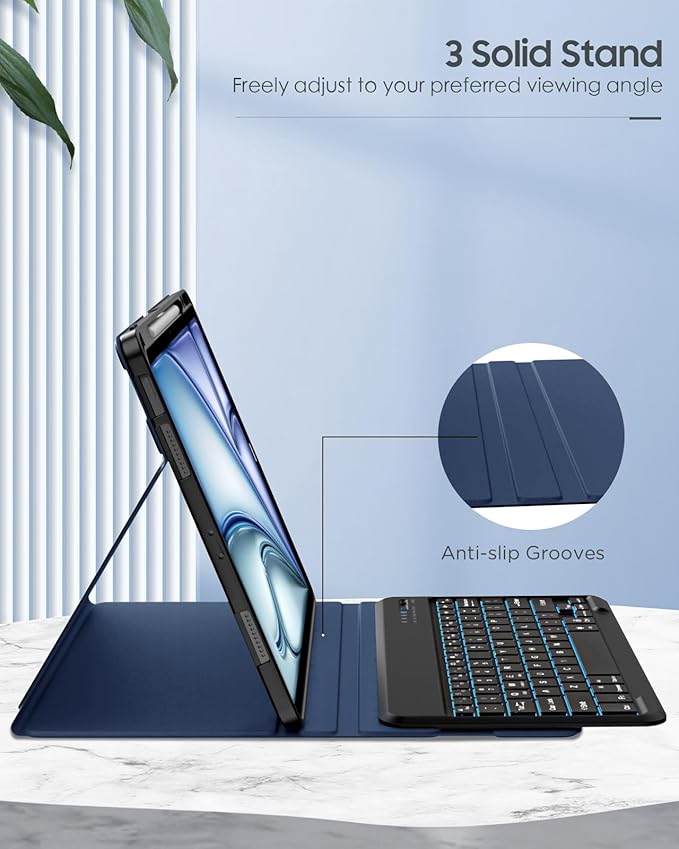 MoKo for iPad Air 13 Inch Case with Keyboard (M4 2026/ M3 2025/M2 2024) iPad Pro 12.9 inch (5th/6th Gen) Case with 7 Colors Backlit Pencil Holder Multi-Angle Detachable Bluetooth KeyboardNavy Blue