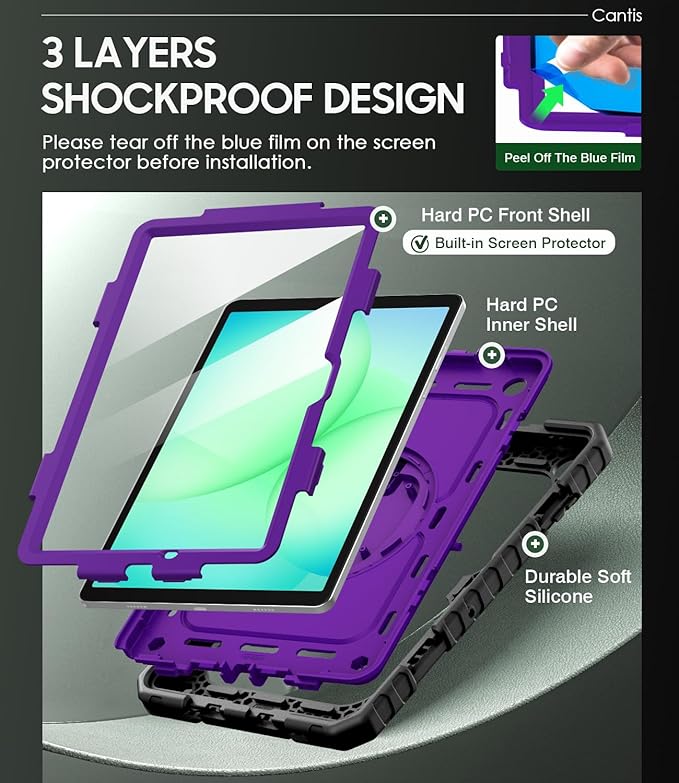 Cantis Case for Samsung Galaxy Tab A11 Plus 11 Inch 2026 (SM-X230/X236/X238) Shockproof Case for Tab A11+ with Screen Protector/Rotating Stand/Pen Holder/Shoulder Strap Black+Darkpurple