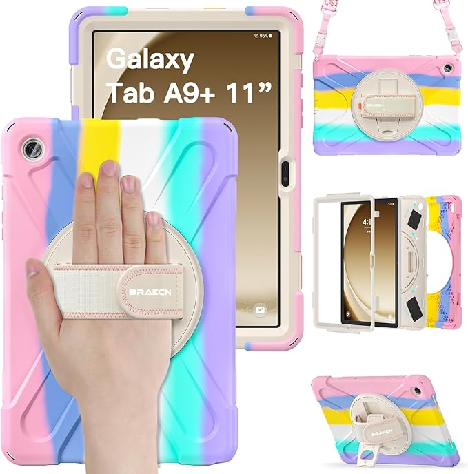 BRAECN for Samsung Galaxy Tab A9 Plus Case 11 Inch 2023 Shockproof Hard Duty Case with Screen Protector &amp360 Rotating Stand&ampHand Strap/Shoulder Strap for Galaxy A9 Plus Tablet-Black