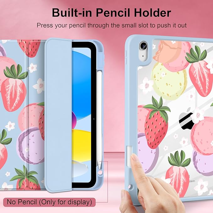 Case for iPad A16 11th Generation 11 inch 2025 iPad 10th Generation 10.9 inch 2022 -[Built-in Pencil Holder] Shockproof Clear Hard Back Trifold Stand Auto Wake/Sleep Strawberry
