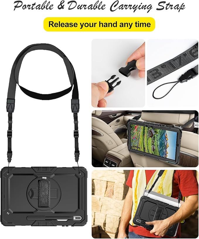 Case for Samsung Galaxy Tab S8 Plus 2022/S7 FE/S7 Plus 5G 12.4-inch Tablet Case Protective [with Screen Protector] Rotatable Kickstand S Pen Holder Hand/Shoulder Strap (Black)