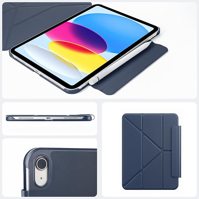 SPARIN Magnetic Case for iPad A16 11th/10th Gen (2025/2022) Origami Stand Cover with Auto Sleep/Wake Multi-Angle Viewing Hidden Pencil Holder Ultra Slim Lightweight &amp Stable on Sofa/Bed-Navy B
