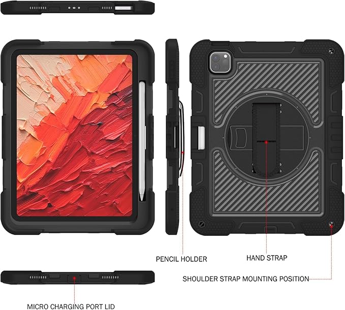 Shockproof Case for iPad Pro 11-inch M5/M4 (2025/2024) Cover with Hand/Shoulder Strap Techcircle Heavy Duty Rotating Kickstand Rugged Defender Protective Case with Pencil Holder Black
