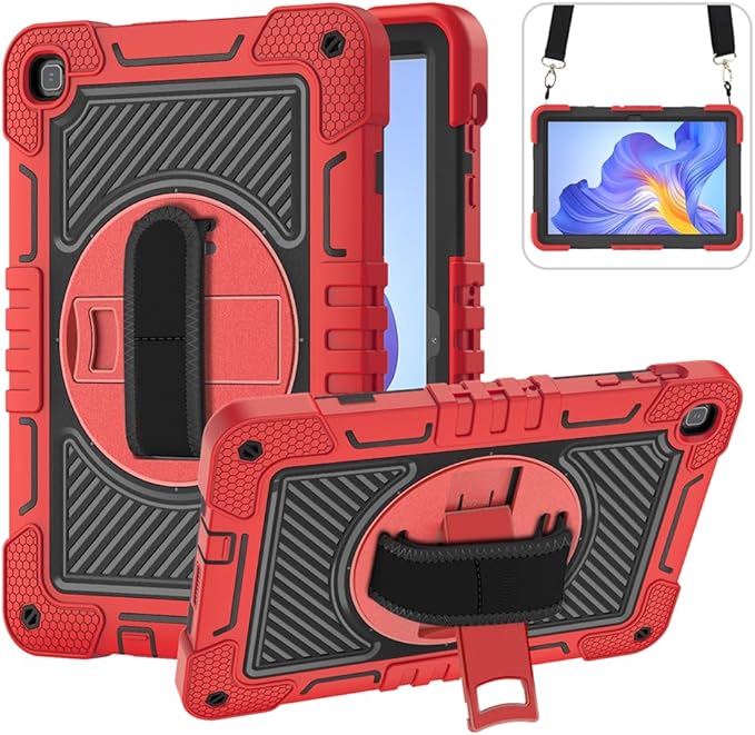 Tablet Case for Honor Pad X8 AGM3-W09HN 10.1 inch Tablet Shockproof Cover with 360° Rotating Stand and Wrist Strap Shoulder Strap Large Red+Black