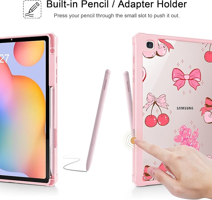 Mektron Case for Samsung Galaxy Tab S6 Lite 10.4 Inch 2024/2022/2020 with S Pen Holder Multi-Angle Viewing with Shockproof Cover Clear Shell + Trifold Stand + Auto Wake/Sleep Cherry with Bows