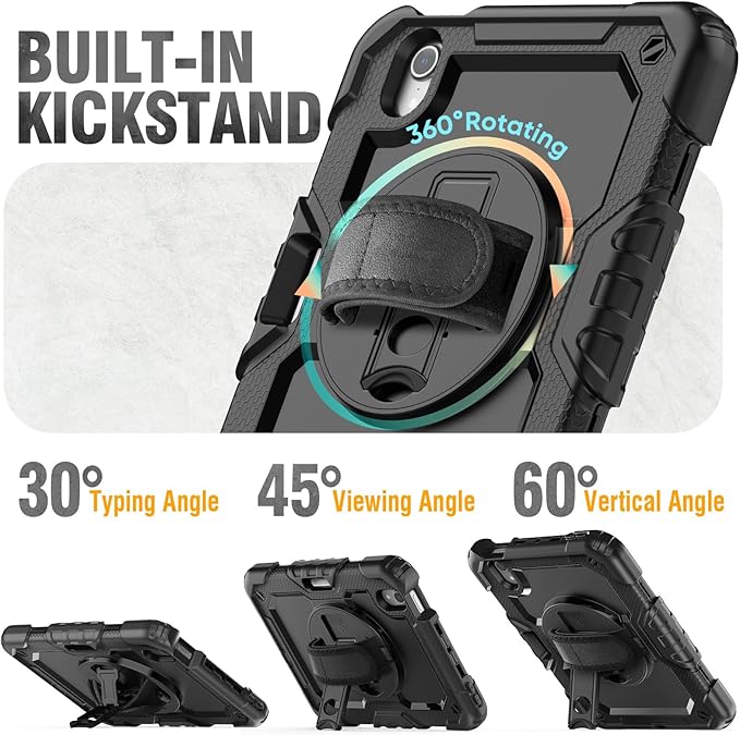 HXCASEAC Case for iPad mini 7 (A17 Pro) / iPad mini 6 Case 8.3 inch Full Body Protective with Carrying Strap Hand Strap Protector Pencil Holder 360 Rotating Stand A2995 A2993 A2567 A2568 Black