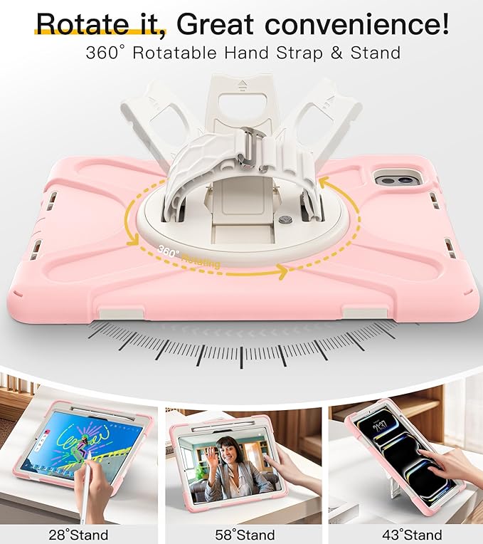 BRAECN Case for iPad Pro 11 inch M5 2025 &amp M4 2024 4 Layers Heavy Duty Full-Body Protection Screen Protector Pencil Holder 360° Rotating Handle Kickstand Shoulder Strap Kids Friendly
