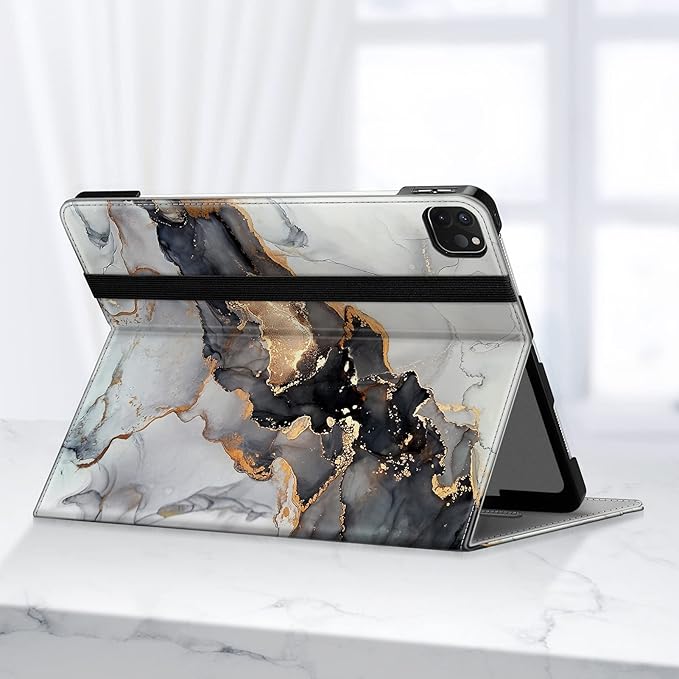 Fintie Folio Case for iPad Pro 12.9 6th Generation 2022 Multi-Angle Smart Stand Cover w/Pencil Holder &amp Pocket Also Fit iPad Pro 12.9 2021 5th &amp 2020 4th &amp 2018 3rd Gen Cloudy Marble
