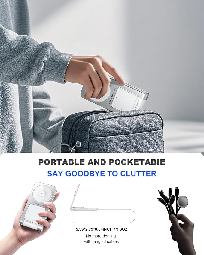 3 in 1 Magnetic Wireless ChargerFoldable Charging Station Built-in Retractable Cable15W Portable Wireless Charging Stand for iPhone 16 15 14 13 12Apple WatchAirPods (20W Adapter) (White)