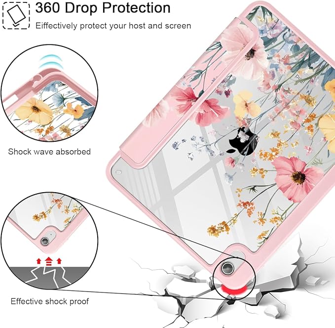 May Chen for iPad (A16) 11th Generation Case 11 Inch 2025 iPad 10th Gen Case 2022 10.9 inch Built-in Pencil Holder with Shockproof Cover Clear Transparent Back Shell Auto Wake/Sleep Wildflower