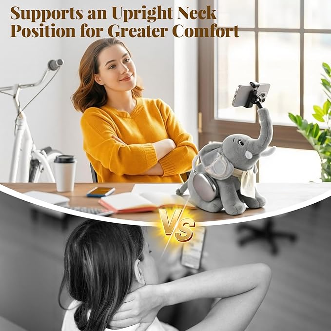 Phone Stand 360°Rotating Desk Phone Stand with 45°Adjustable Trunk Ear Pockets Glasses Cloth Scarf - Plush Phone Holder Back Fits Headphones Cell Phone Stand for desk Bed Sofa Car-Gray/Blue