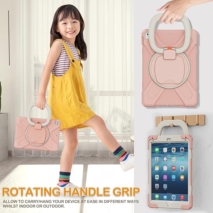 BRAECN Kids iPad Case Rugged Silicone Cover with Hand Grip Pencil Holder Shoulder Strap Stable Kickstand for iPad 9.7 inch 2018/2017/2016/2014 Rose Gold