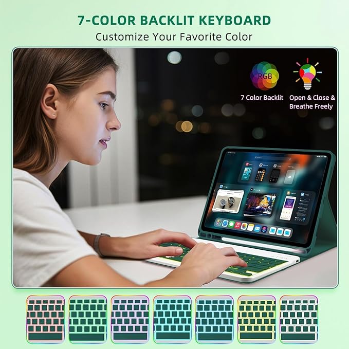 Keyboard Case for Amzaon Fire HD 10/10+ Plus (11/13th Generation) Case with Keyboard - 7 Colors Backlit Keyboard Protective Case and Mouse (Dark Green)