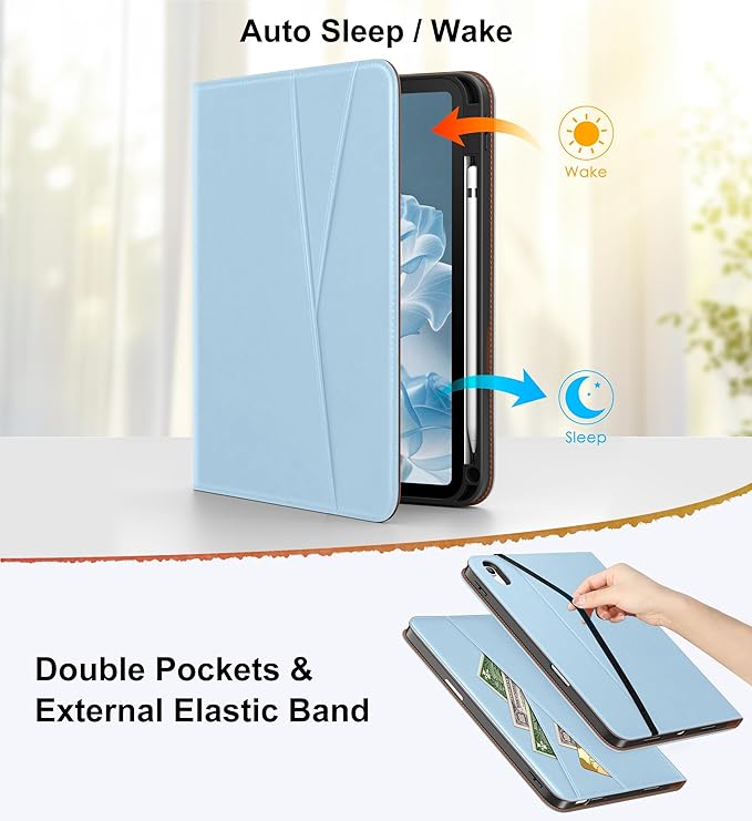 DTTO for iPad A16 Case iPad 11th / 10th Generation Case (2025/2022) 360 Degree Rotating Premium Leather Folio Stand Cover with Pencil Holder Ice Blue