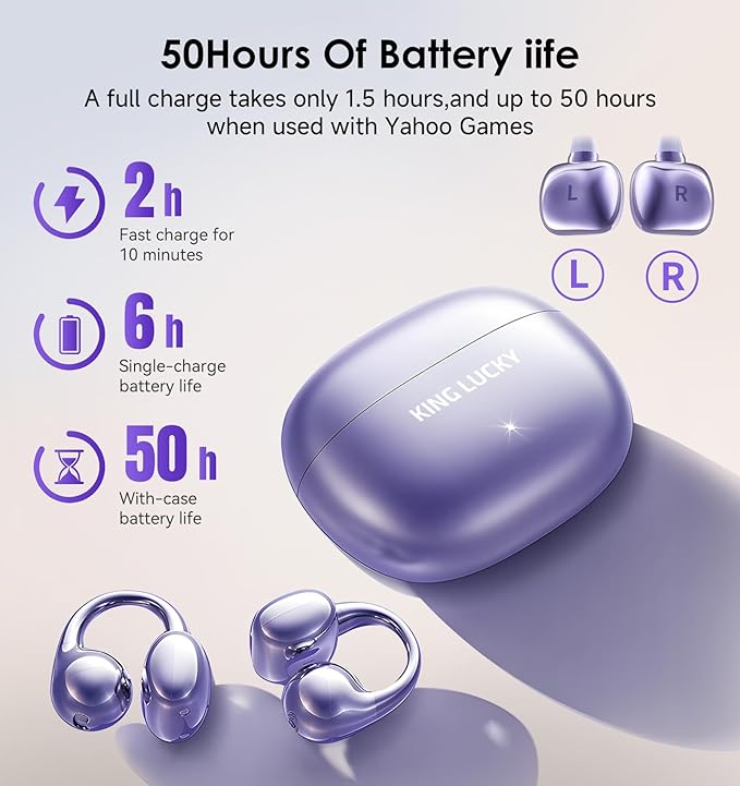 King Lucky Clip-On Earbuds Gen 3 Open-Ear Wireless Bluetooth 6.0 Headphones with Mic Secure Fit for Small Ears &amp Glasses Wearers 50H Playtime ENC IPX5 Waterproof Sport Ear Buds (Purple)