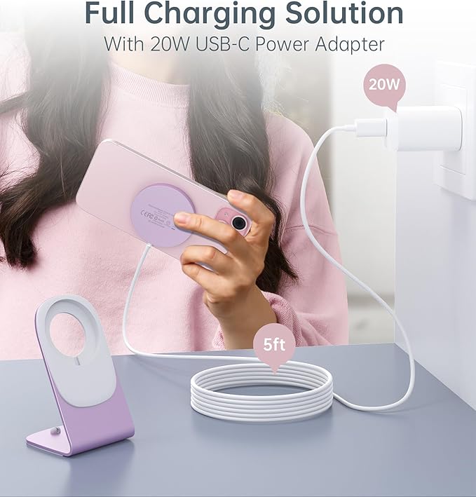 Magnetic Wireless Charger for iPhone 17/16/15/14/13/12 - Mag Charger+20W USB C Adapter Fast Wireless Charging Stand/Pad with 5ft Cable for iPhone 17/16/15/14/13/12 Pro Max Plus Mini 17 Air Pink