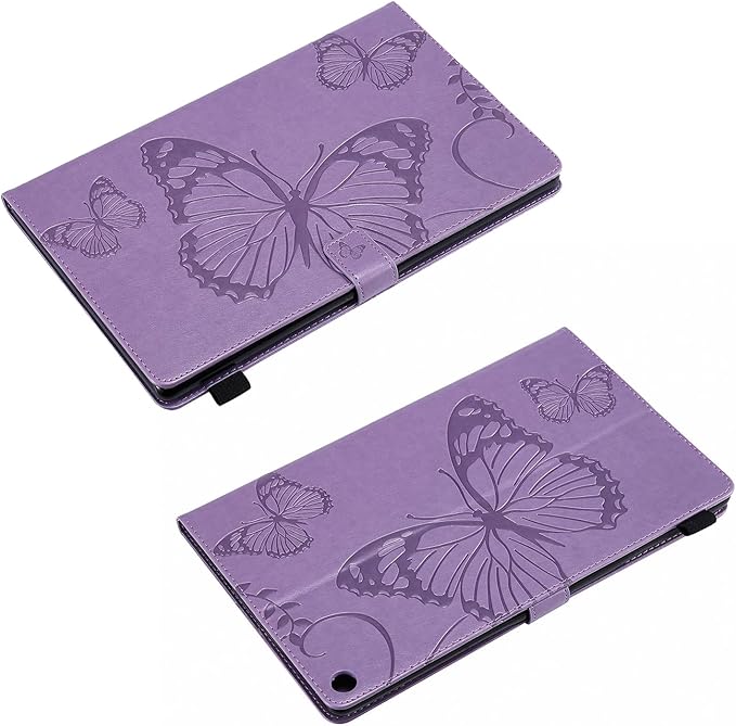 Kindle Fire HD 10 Tablet 2019/2017 Case 9th/7th Generation 10.1 with Pencil Holder Pockets [Auto Sleep/Wake] Folio Stand Embossed PU Leather Magnetic Smart Wallet TPU CoverPurple Butterfly