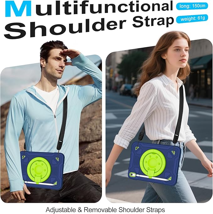 for iPad (A16) 11th Generation 11 Inch 2025/iPad 10th Generation 10.9 Inch 2022 Case with Screen Protector 360°Rotating StandPencil Holder Shoulder Strap Cover A16 iPad Case Kids Navy+Green