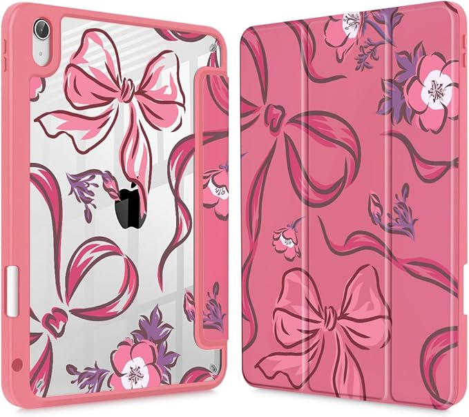 Mektron Case for 2026 iPad Air 13 inch M4 Cover Compatible 2025 iPad Air 13 inch M3 2024 iPad Air 13 inch M2 with Pencil Holder Shockproof Clear Shell Flowers-Bows-Red