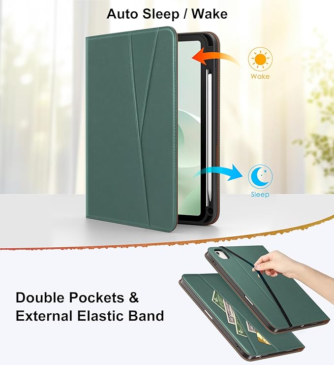 DTTO for iPad Air 11 inch Case M4 / M3 / M2 (2026/2025/2024) iPad Air 5th / 4th Gen (2022/2020) 360 Degree Rotating Premium Leather Folio Stand Cover with Pencil Holder Midnight Green