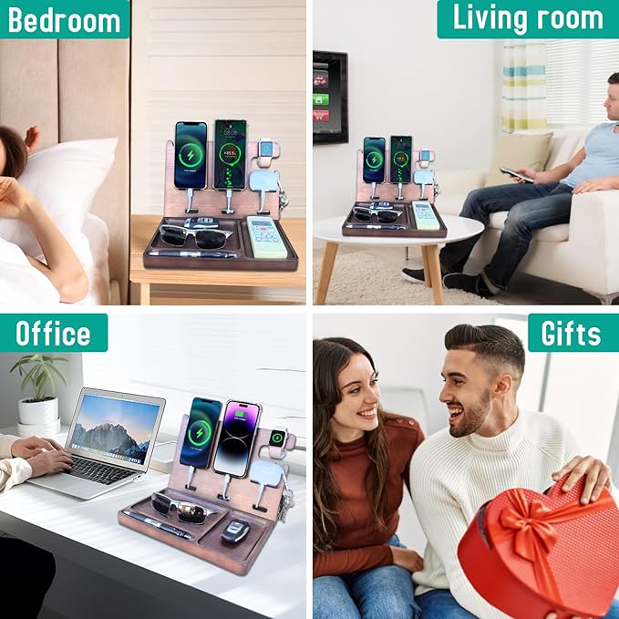 Wood Phone Docking Station Nightstand Organizer Charging Station with QC 3.0 &amp PD22.5W USB C Charger Fast Charging for iPhone Samsung Android Watch Airpod Anniversary Birthday Gifts for Men