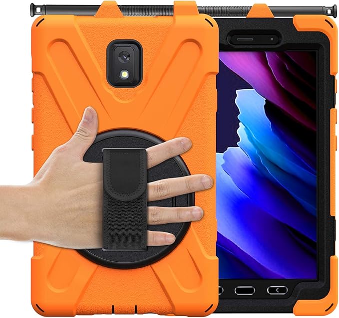 Case for Samsung Galaxy Tab Active 3 8 T570 T575 T577 Heavy Duty Shockproof Rugged 3 Layer Kids Durable Case with 360 Swivel Kickstand Shoulder Strap &amp Hand Strap (Orange)