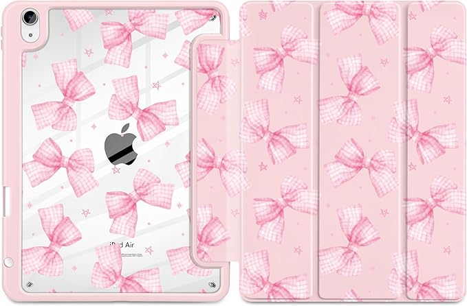 DONGKE Case for iPad Air 11-inch M4 2026 &amp M3 2025 &amp M2 2024 iPad Air 5th/4th Generation 10.9 2022/2020 [Built-in Pencil Holder] Clear Acrylic Back Trifold Stand Smart Cover Gingham Bows