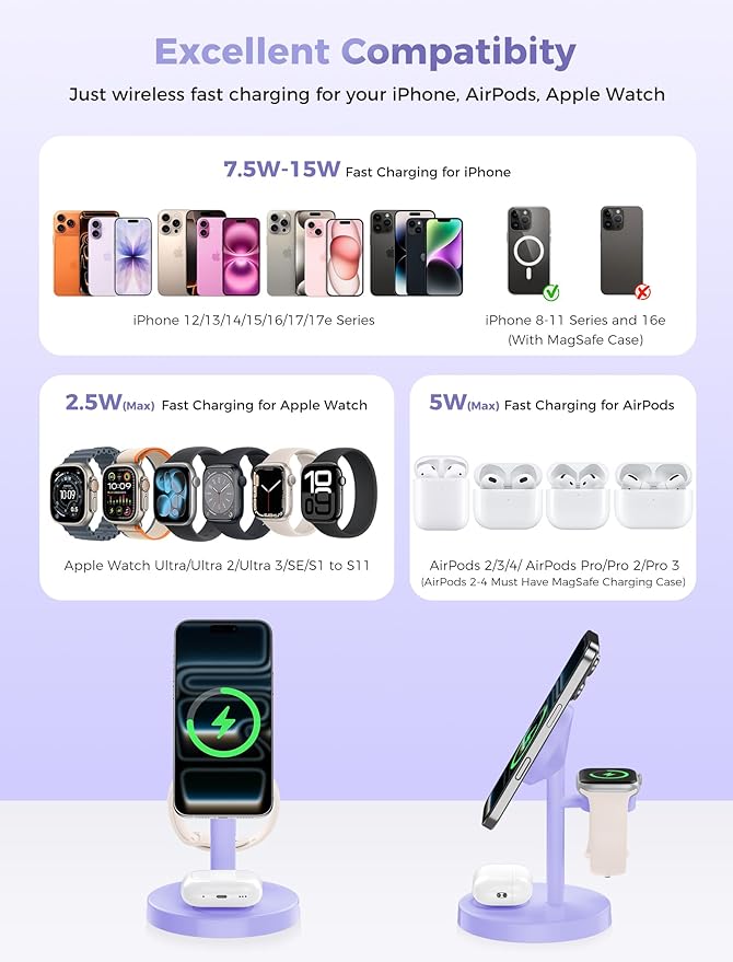 2026 3 in 1 Wireless Charging Station Compatible with MagSafe 15W Fast Magnetic Mag-Safe Charger Stand for Apple iPhone 17 16 15 14 13 12 Series iWatch AirPods Pro 4 3 2 Purple