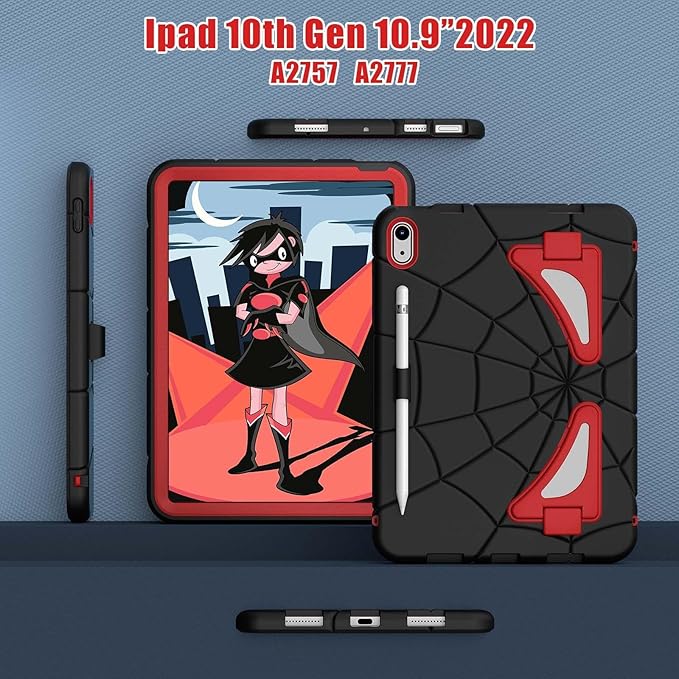 Compatible with Apple iPad 10th 2022 Tablet CaseLightweight Shockproof Rugged Protective Cover with Kickstand for Kids Children Boys Babies Black Red