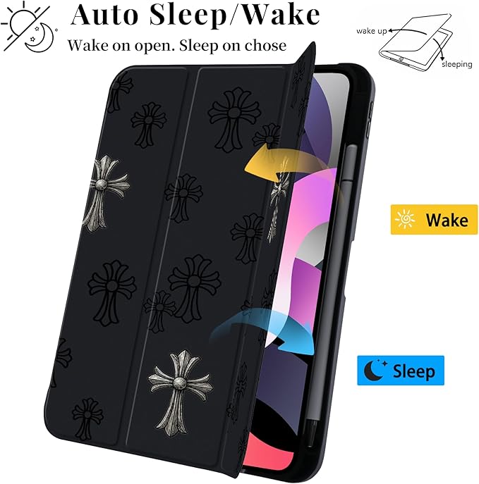 Y2k Printed Case for iPad Air 13 (M3) 2025/ (M2) 2024 Metal Gothic Cross Clear Hard Back Hybrid Casewith Pencil Holder Trifold Stand Slim Tablet Cover for Girls Women
