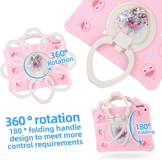 [Super Cute Rainbow Handle Unicorn Case] Compatible with ipad 7 2019 Case Cover for Kids Girls with Hand Strap and 360° Rotating Stand - Pink
