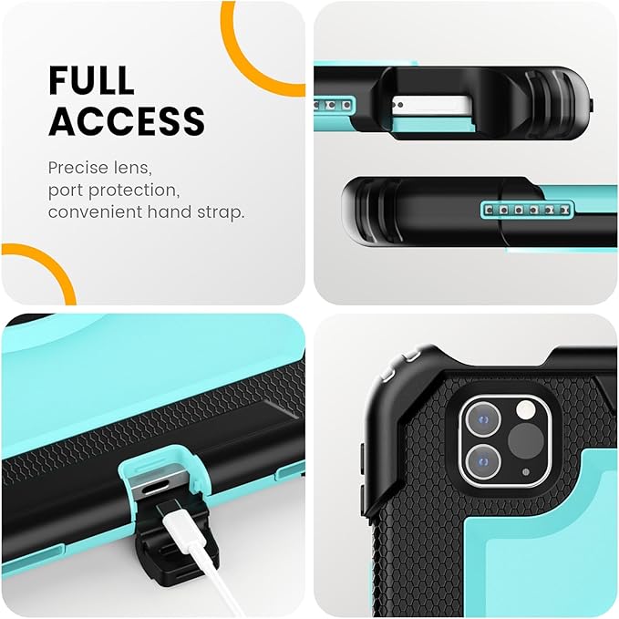 Timecity Case for iPad Pro 11 inch 2022/2021 (4th/ 3rd Generation) Shockproof with Screen Protector Swivel Stand Handle Shoulder Strap Pencil Holder Case for iPad Pro 11 Inch- Light Blue