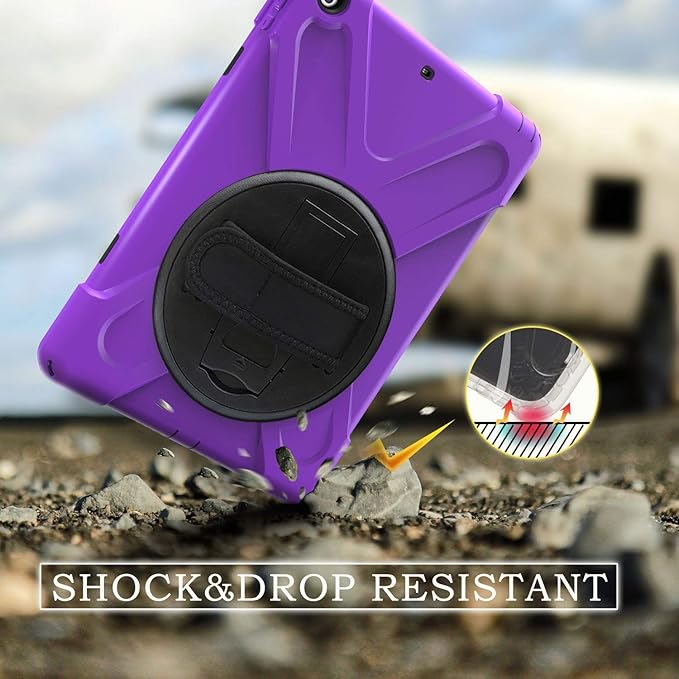 TSQ iPad Air 1st Generation Case 9.7 Inch for Kids 2013 | Three Layer Rugged Hybrid Hard Shockproof Sturdy Cover w/Rotatable Stand Hand Shoulder Strap Case for iPad Air 1 Gen A1474 A1475 Purple