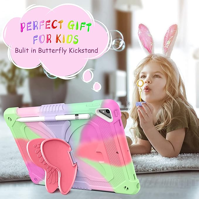Ambison Case for iPad 9th/8th/7th Generation 10.2 inch with Glass Screen Protector Rugged Shockproof Protective Cover for Kids Girls Butterfly Stand Shoulder Strap for iPad 2021/2020/2019-Rose Red
