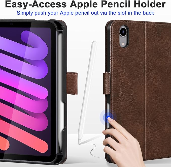 Genuine Leather Case for iPad mini 7th/6th Gen 8.3 inch Premium Folio Cover with Apple Pencil Holder Auto Wake/Sleep Adjustable Stand &amp Magnetic Closure Dark Brown