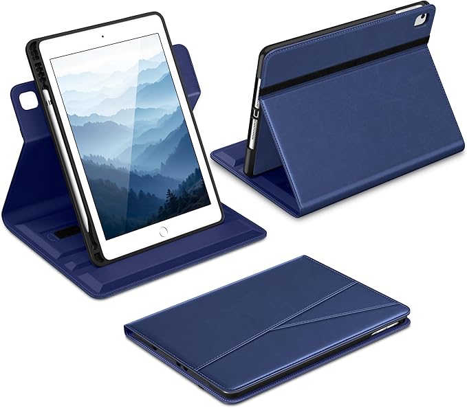 DTTO for iPad 6th / 5th Generation 9.7 Inch (2018/2017) iPad Air 2 / Air 1 Case 360 Degree Rotating Premium Leather Folio Stand Cover with Pencil Holder Navy Blue