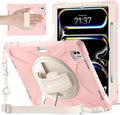 BRAECNstock Case for Apple iPad Pro 13 inch M5 2025 / M4 2024 Shockproof Protective Kids Case with Pencil Holder [360 Rotating Hand Strap + Stand] Shoulder Strap Sakura Pink