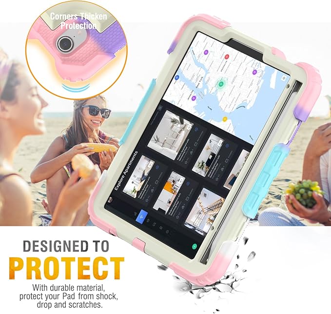 HXCASEAC Kids Case for iPad mini 7 (A17 Pro) iPad mini 6 Case Cute 8.3 inch Full Body Protective with Carrying Strap Hand Strap Stand Protector Pencil Holder A2995 A2993 A2567 A2568 Rainbow Pink