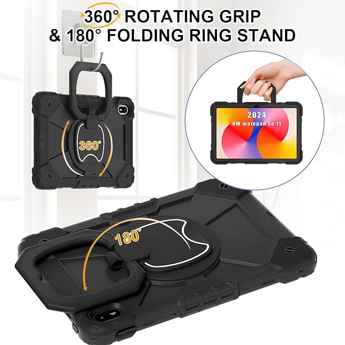 Shoulder Strap Tablet Case for Huawei MatePad SE 11 11.0 inch Heavy Duty Shockproof Protective Cover with Kickstand Handle Shoulder Strap for Kids Women Man Black