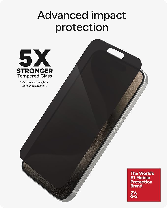 ZAGG InvisibleShield Glass Elite Privacy 360 iPhone 15 Pro Screen Protector - 5X Stronger with Reinforced Edges 4-Way Privacy Filter Scratch &amp Smudge-Resistant Surface Easy to Install