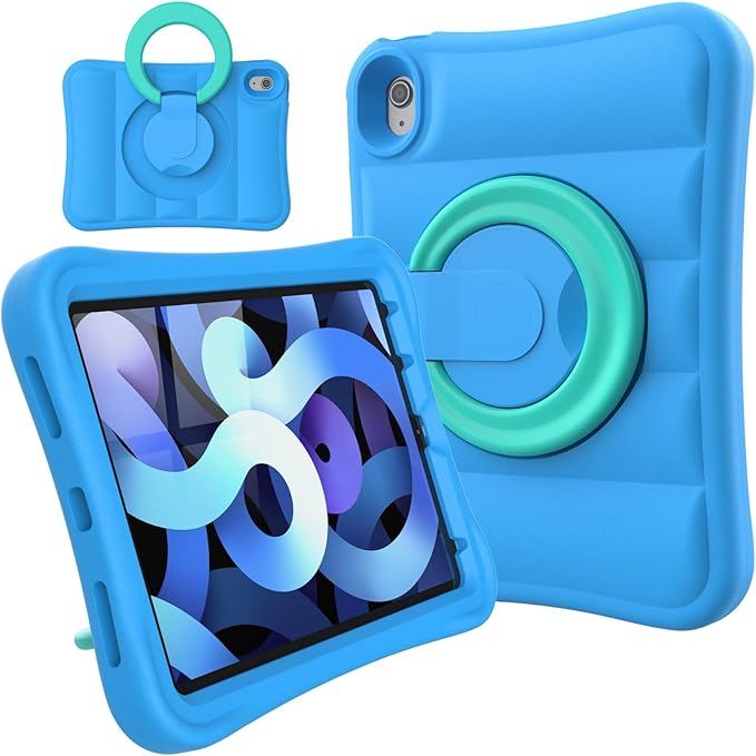 MRWHO Kids Case for iPad Air 5th 4th Generation 10.9 inch – Sturdy Lightweight Rotating Stand Folding Handle Rugged Cover for Apple ipad Air 5 4 Gen Girls Boys Blue