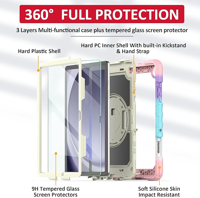 Ambison Case for Samsung Galaxy Tab A9+ Plus 11'' 2023 [Kids Proof] Full Body Protective Case with 9H Tempered Glass Screen Protector 360° Rotatable Kickstand &amp Hand Strap (Light Pink)
