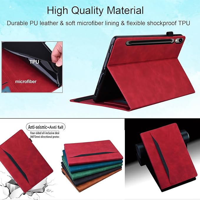 Case for Samsung Galaxy Tab S10 FE+/S10 FE Plus 13.1 Inch 2025 Model (SM-X620/SM-X626B) with Pencil Holder/Pocket/Card Slots Folio Stand PU Leather TPU Back Shockproof Wallet Cover Red