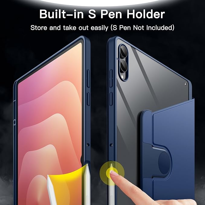 JETech Rotating Case for Samsung Galaxy Tab S11 Ultra with S Pen Holder 360 Degree Rotation Protective Stand Cover Clear Back Auto Wake/Sleep (Navy)