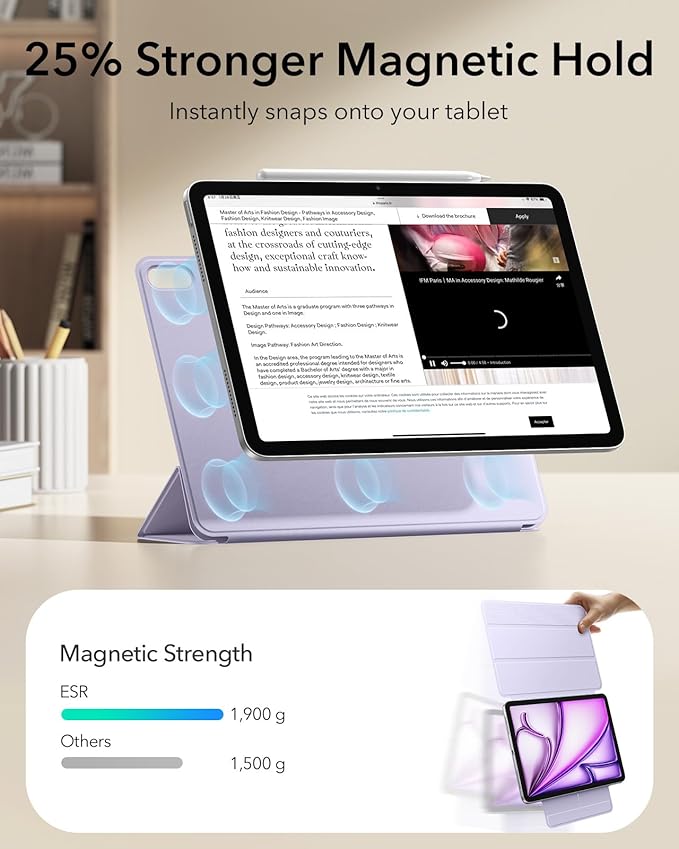 ESR for iPad Air 13 Inch Case M4/M3/M2 (2026/2025/2024) iPad Pro 12.9 Case Powerful Magnetic Attachment Slim Trifold Stand Case Supports Pencil Pro &amp Pencil (USB-C) Rebound Series Light Purp