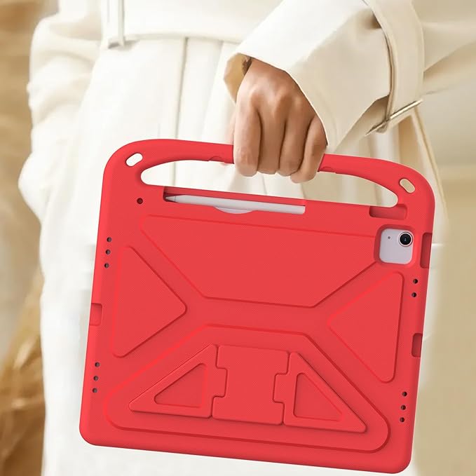 Kids Case for Apple iPad Air 13 inch Tablet M4/M3/M2 (2026/2025/2024) with Pencil Holder Anti-Slip Handle Slim Lightweight Stand Shockproof Soft EVA Protective Silicone Bumper Cover Red