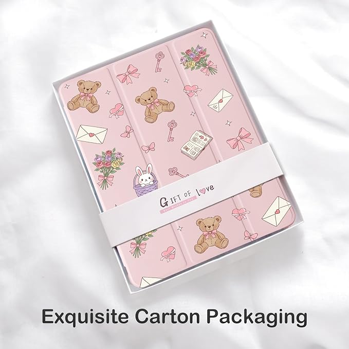 Cute Kawaii Bear Bow for iPad mini 7 A17 Pro 2024/iPad Mini 6 Case with Pencil Holder Auto Sleep/Wake Pink Leather Soft TPU Back Cover